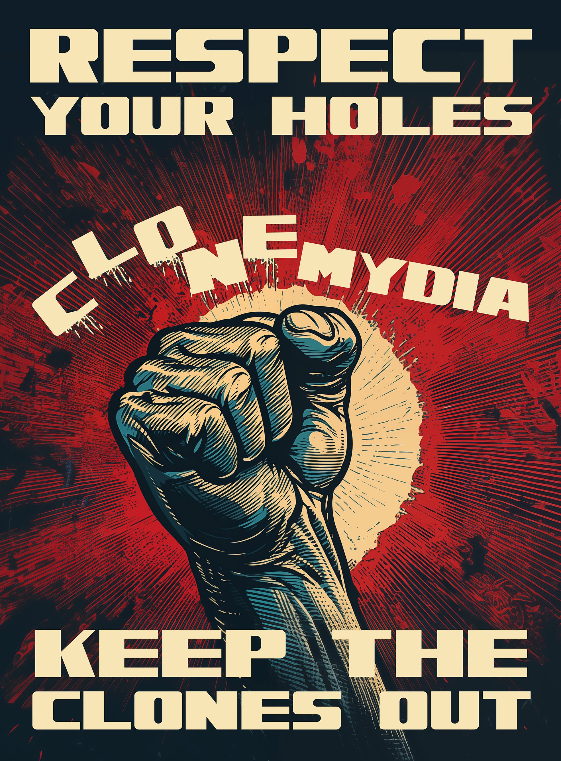 Clonemydia Propaganda Poster 4 - Nefaricorp public awareness campaign from Clone Cops - promotional art from the 2025 indie sci-fi comedy film